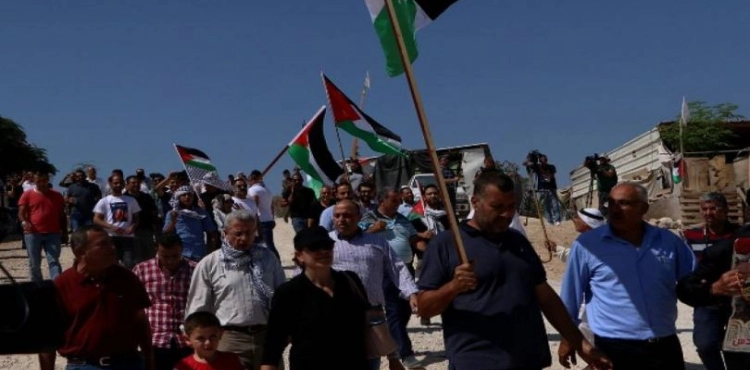 Palestinian rally condemning the Occupation&acute;s decision to demolish and displace  &quot;red Khan &quot;