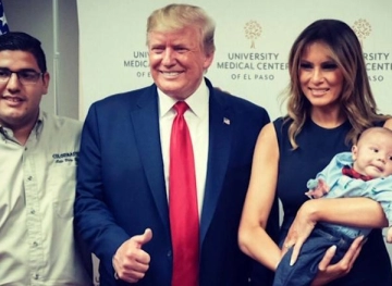 Storm controversy over image of Trump at the site of the massacre