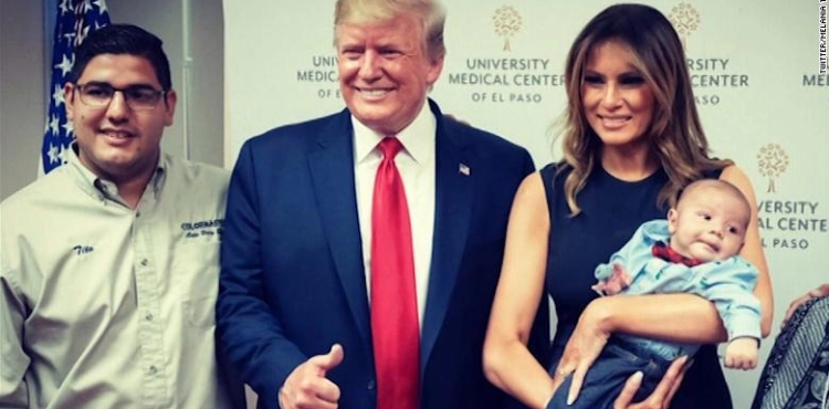 Storm controversy over image of Trump at the site of the massacre
