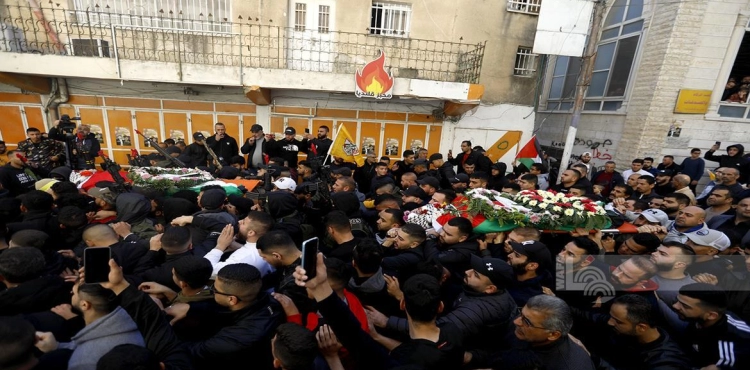 Thousands of people mourn the two martyrs, Muhammad and Muhannad Mutair, in Qalandia camp